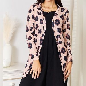 NEW Double Take Pink Leopard Print Button Front Longline Cardigan Sweater